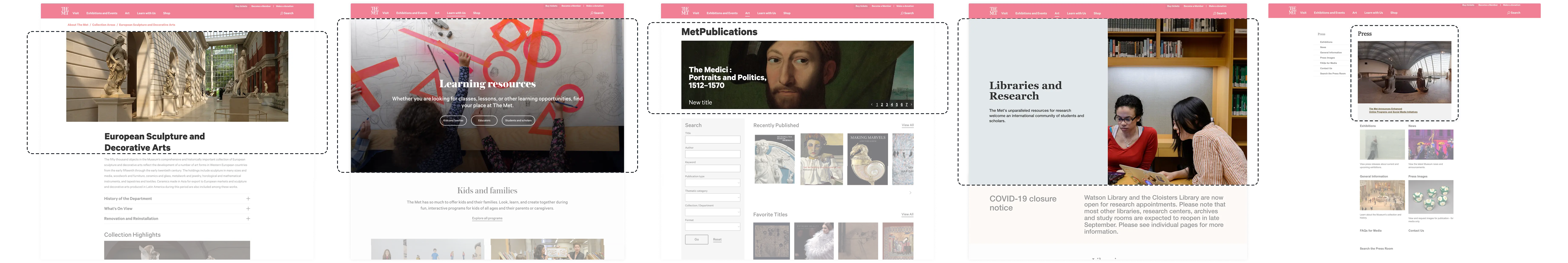 Different header components in use on the Met's website