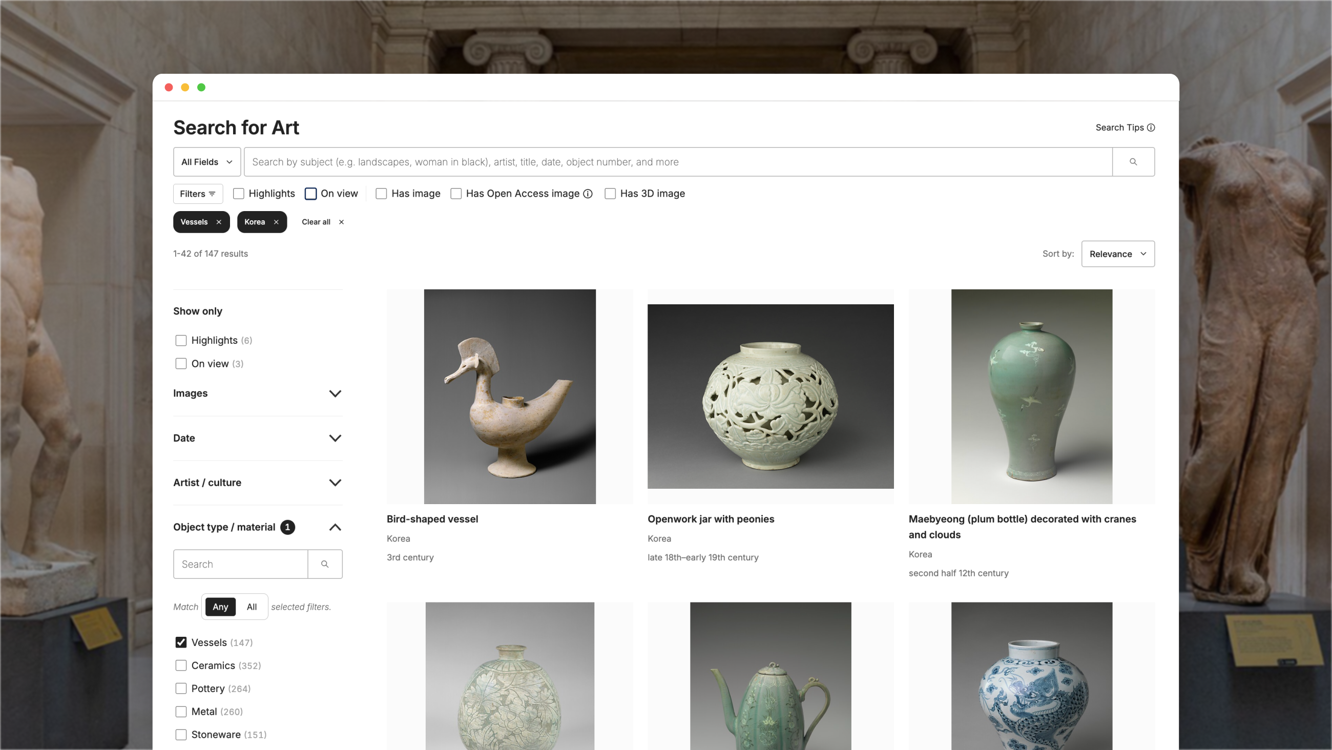 Redesigned search results page for The Met's online collection
